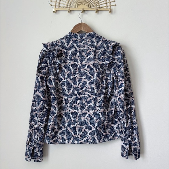 Intermix High Neck Ruffle Blouse Sz 2 Puff Sleeve Blue Tan - Picture 5 of 9